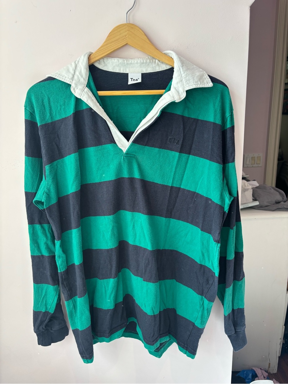 TNA Men's Teal & Navy Striped Rugby Polo